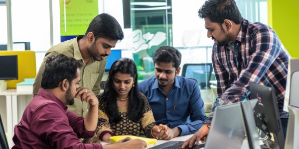 Create a vibrant and realistic professional photography shot of a modern office environment, showcasing a dynamic team of professionals engaging in business management consulting. The people are indians from India. Highlight end-to-end e-commerce management, with visual elements indicating marketing and operations success. The image should reflect a bright, energetic atmosphere, using natural light to emphasize collaboration and innovation. Include subtle branding elements that resonate with an audience aged 30-45, looking for comprehensive business solutions. Focus on clarity, detail, and a professional aesthetic that stands out on LinkedIn for its engaging and aspirational quality. --ar 3:2 --style raw --stylize 0 Job ID: f71d5f00-8a50-4f38-b34f-0c9f7f62a6e9